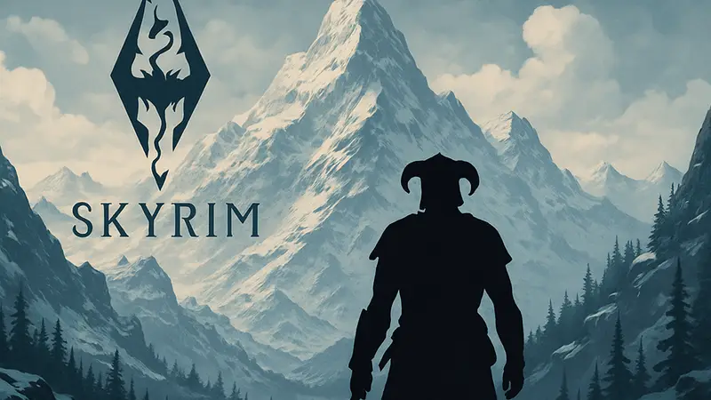 Логотип The Elder Scrolls V: Skyrim на фоне заснеженных гор, символизирующий 65 млн проданных копий.