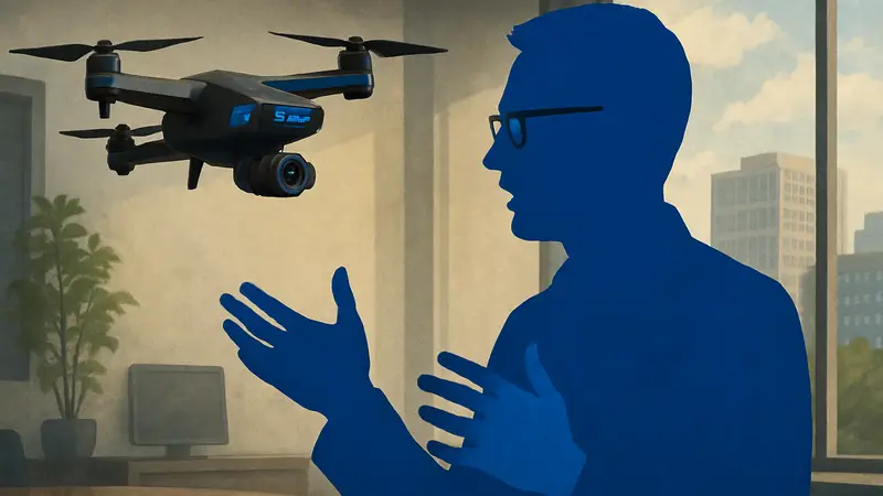 Гендиректор Skydio Адам Брай на фоне автономного дрона Skydio, обсуждающий вопросы регулирования.
