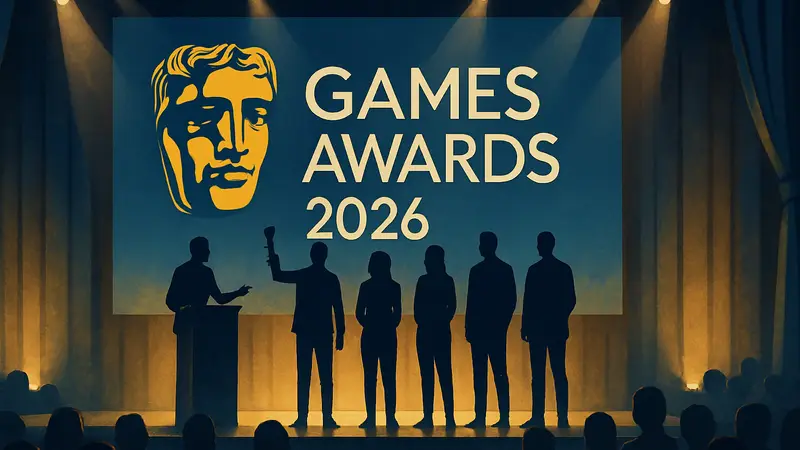 Логотип BAFTA Games Awards 2026 на фоне сцены награждения, победители