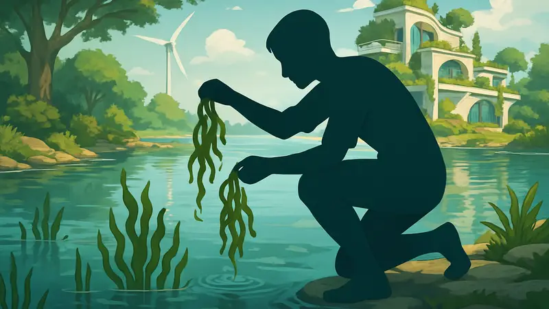 Изображение водорослей в игре Solarpunk, показывающее процесс их сбора в водоёме.