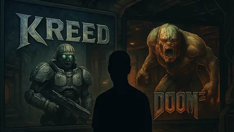 Логотип игры KREED и скриншот из неё на фоне DOOM 3