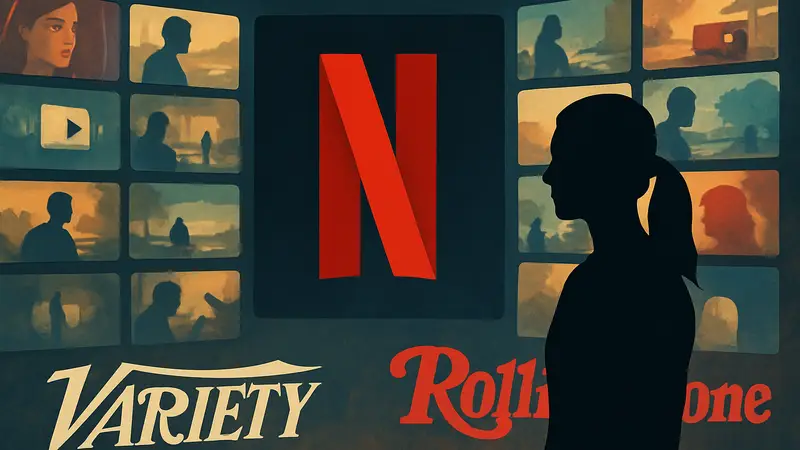 Логотип Netflix на фоне коротких видео, символы Variety и Rolling Stone