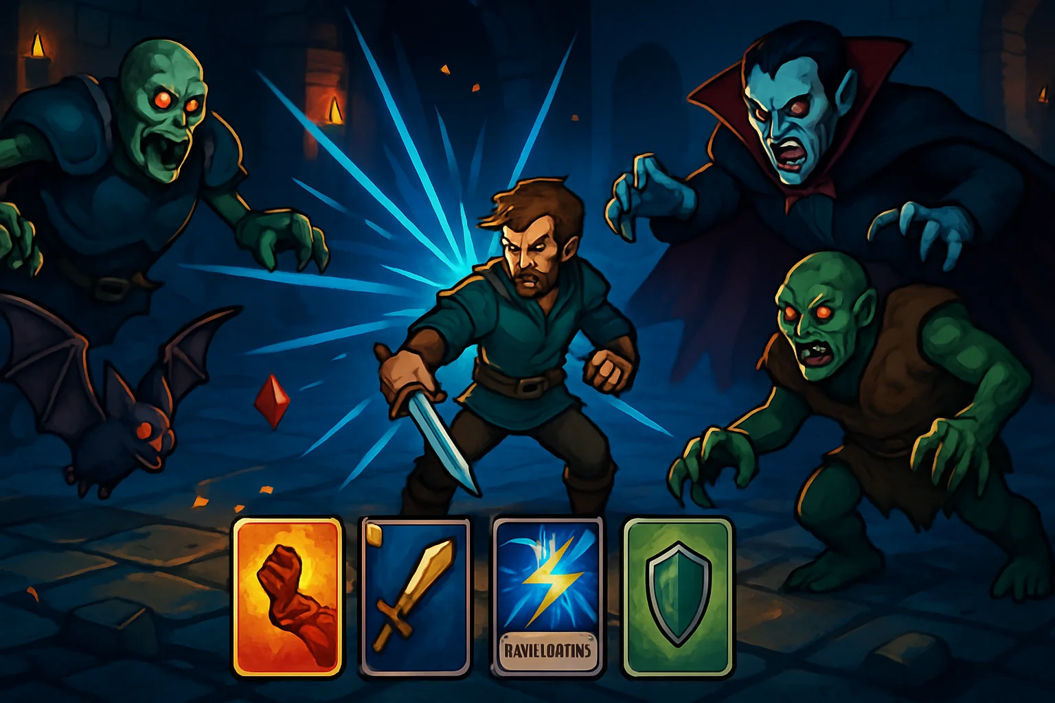 Игровой процесс Vampire Crawlers с элементами колодостроения и монстрами из Vampire Survivors