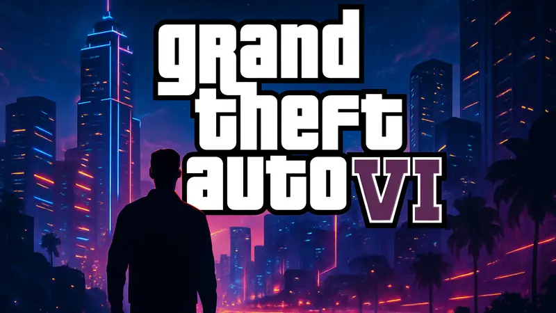 Логотип Grand Theft Auto VI на фоне абстрактных неоновых огней города и силуэтов зданий.