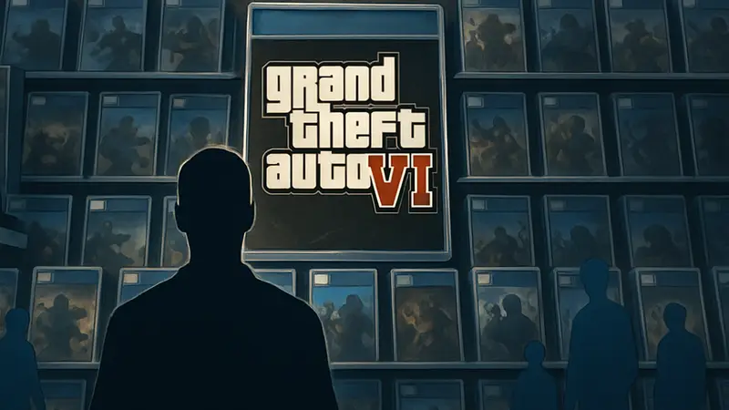 Логотип GTA 6 на фоне множества других игровых коробок, символизирующих конкуренцию.