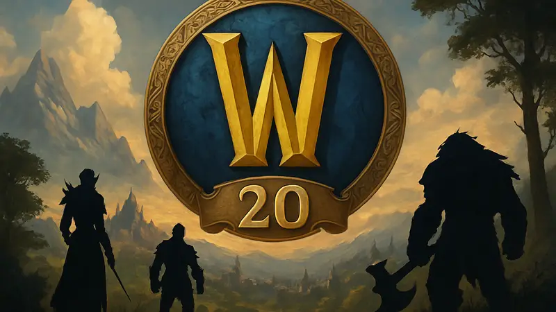 Логотип World of Warcraft, демонстрирующий долголетие игры спустя 20 лет.