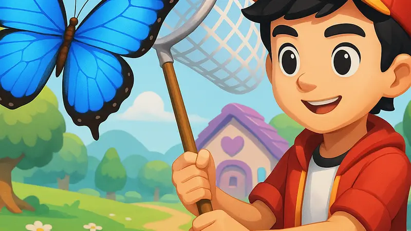 Игрок ловит редкую бабочку Сульковского Морфо в игре Heartopia. Гайд по поимке насекомых.