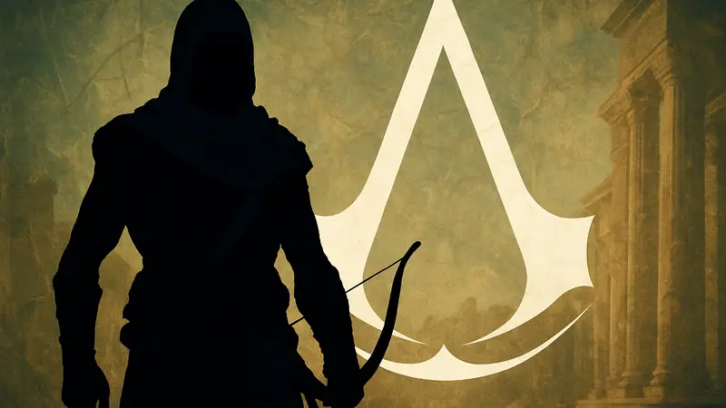 Хишам Тауфик в образе Байека из Assassin's Creed Origins, на фоне символики Assassin's Creed