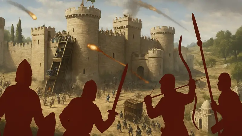 Скриншот Stronghold Crusader Definitive Edition, показывающий осаду замка с элементами геймплея.