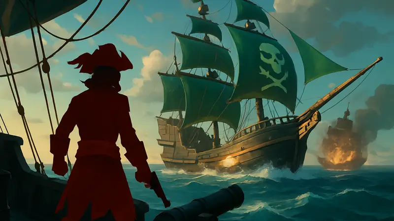 Скриншот Sea of Thieves, пиратский корабль участвует в PvP-сражении «Последний выживший корабль»