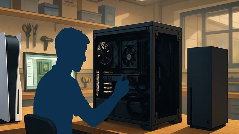PC Building Simulator 2: Скриншот игры, где показана сборка ПК на PlayStation 5 и Xbox Series X|S.