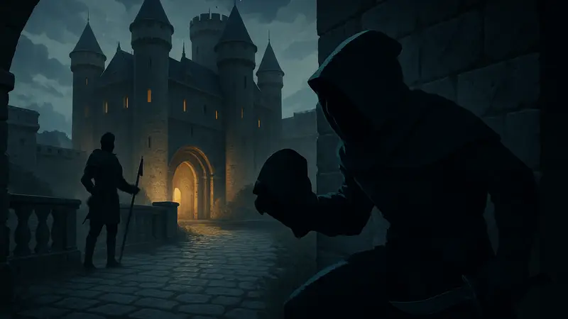 Кадр из Project Shadowglass: герой скрывается в тени, на фоне замок и стражник.