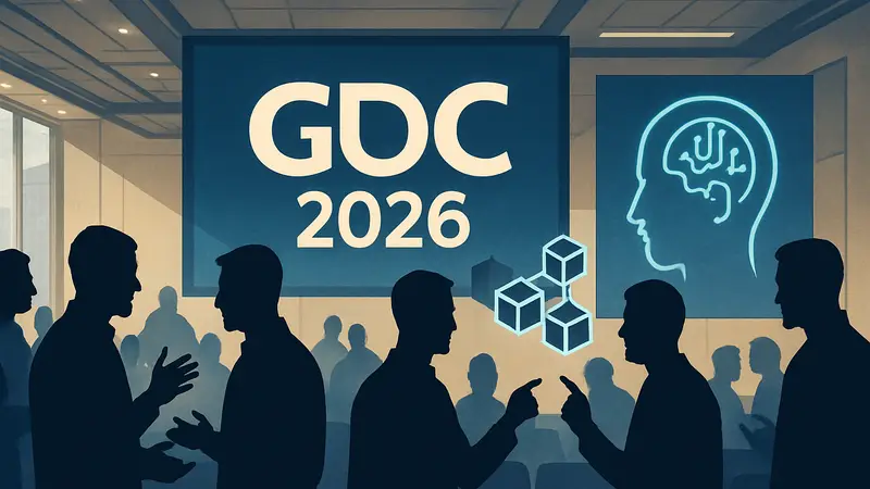 GDC 2026 конференция: логотип, представители игровой индустрии обсуждают ИИ и блокчейн.