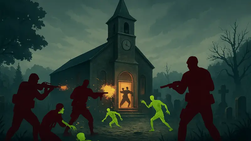 Скриншот Toxic Commando, показывающий экшн и элементы миссии «Church of the Damned».