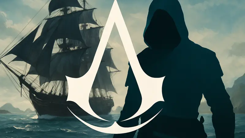 Логотип или арт Assassin’s Creed Black Flag Resynced на фоне корабля