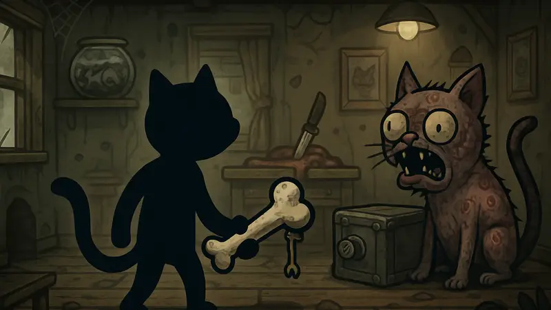 Игровой скриншот из Mewgenics с персонажем в необычной ситуации