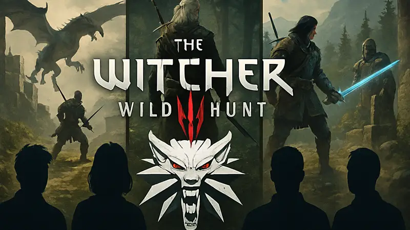 Логотип The Witcher 3 на фоне разрабатываемых игр и силуэтов разработчиков, символизирующих новые проекты.