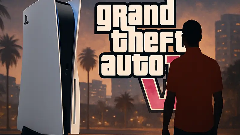 Логотип Grand Theft Auto 6 на фоне консоли PlayStation 5, символизирующий оптимизацию игры для PS5.