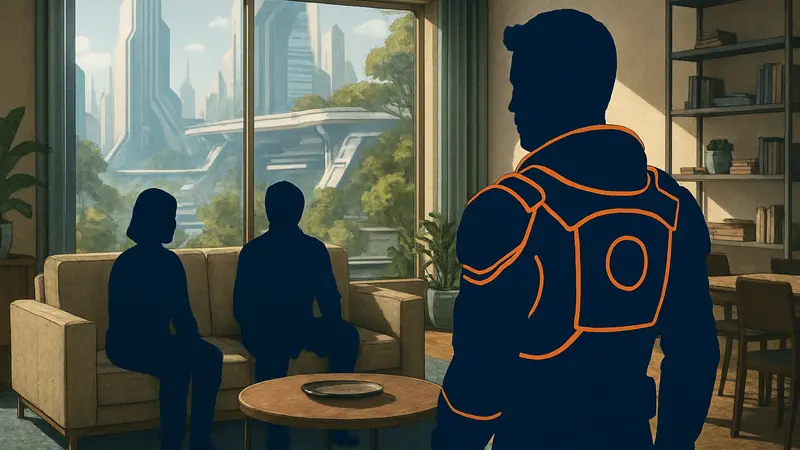 Игрок Starfield общается с родителями в их квартире в Нью-Атлантисе