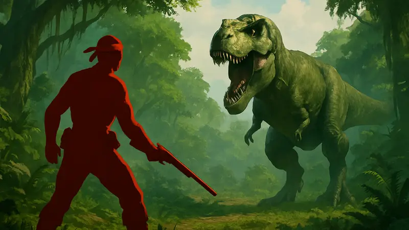 Кадр из геймплейного трейлера Turok: Origins с охотником на динозавра
