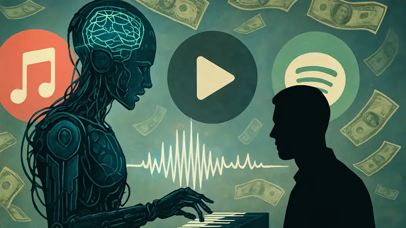Изображение нейросети, создающей музыку, на фоне иконок стриминговых сервисов и долларов.