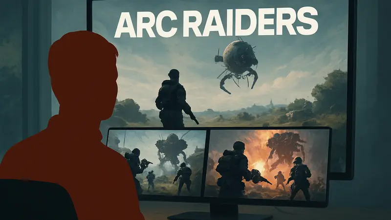 Логотип Arc Raiders и скриншоты игрового процесса с персонажами в футуристичной броне на PC