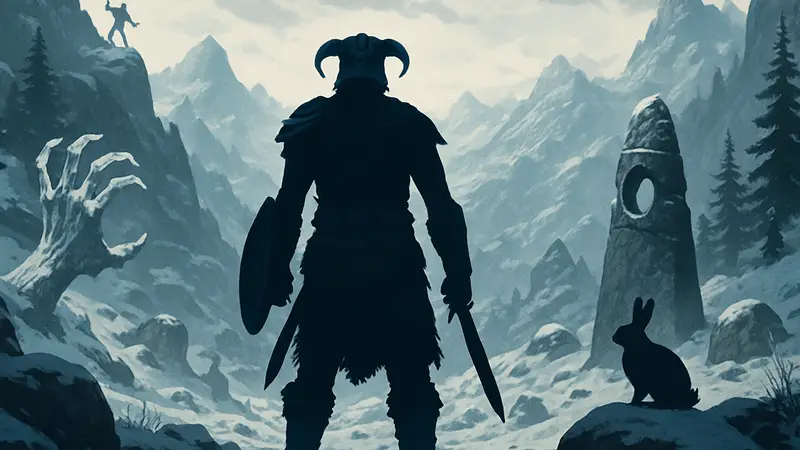 Изображение Довакина в заснеженных горах Skyrim, окружённого странными деталями мира.