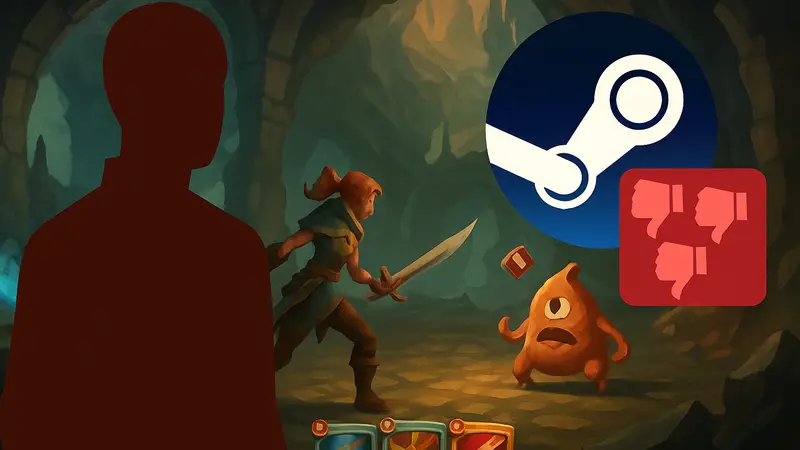 Скриншот из игры Slay The Spire 2, на фоне которого видна иконка Steam с негативными отзывами.