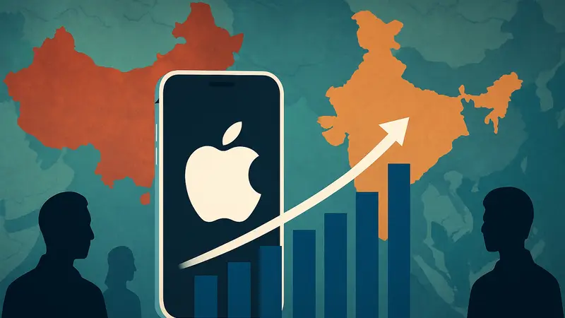 График роста продаж iPhone с логотипом Apple на фоне карты Китая и Индии