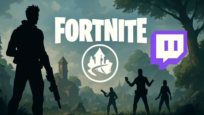 Логотип Fortnite Save the World и значок Twitch, символизирующий бесплатные награды и Twitch Drops.