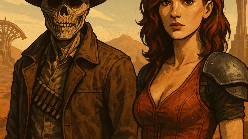 Персонажи Рауль Техада и Красная Люси из игры Fallout: New Vegas на фоне пустошей и постапокалиптического города.