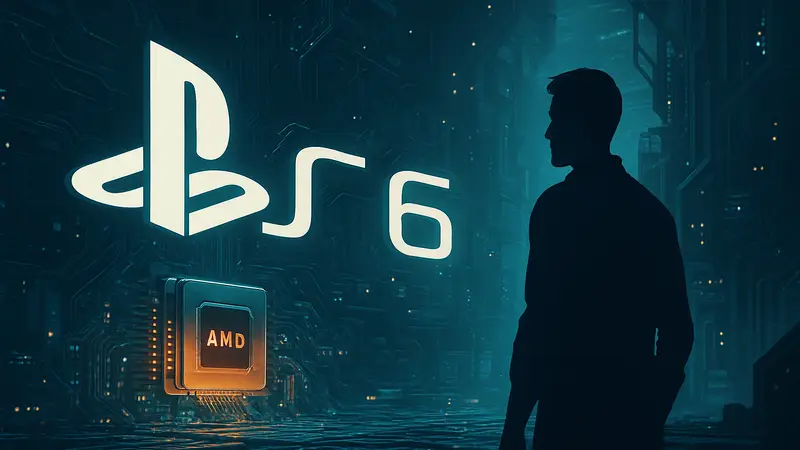 Изображение логотипа PlayStation 6 на футуристичном фоне с элементами AMD
