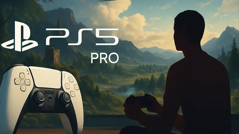 Логотип PS5 Pro на фоне геймпада и экрана с улучшенной графикой благодаря PSSR апскейлингу.