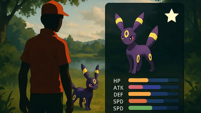 Ультраредкий шайни покемон, пойманный игроком в Pokémon, с отображением статистики.