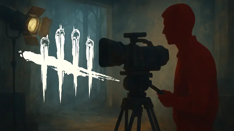 Логотип Dead by Daylight на фоне кинокамеры, символизирующий экранизацию игры.