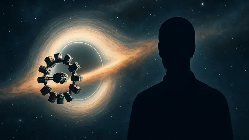 Космический корабль «Эндуранс» из фильма «Интерстеллар» Нолана, летящий сквозь космос, символизирующий влияние на научную фантастику.