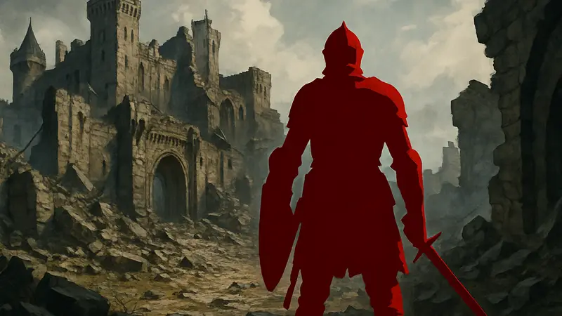 Воин в доспехах из Dark Souls, стоящий перед разрушенным замком, символизируя нарушение правил игры.