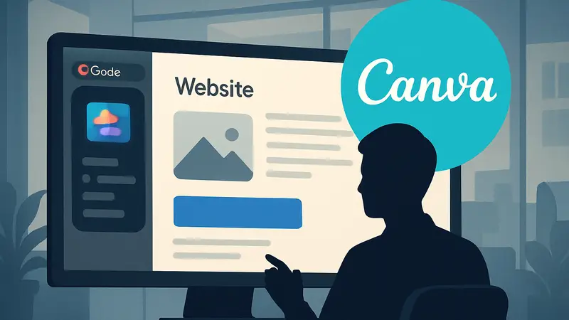 Интерфейс Canva Code 2.0, демонстрирующий создание сайта с помощью ИИ, логотип Canva.