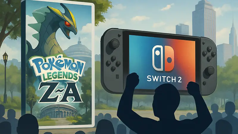 Обложка игры Pokémon Legends Z-A и консоли Nintendo Switch 2, символизирующие успех продаж.