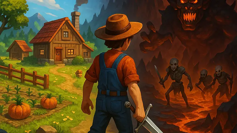 Игровой арт или скриншот Emberville, демонстрирующий смесь жанров Stardew Valley и Diablo