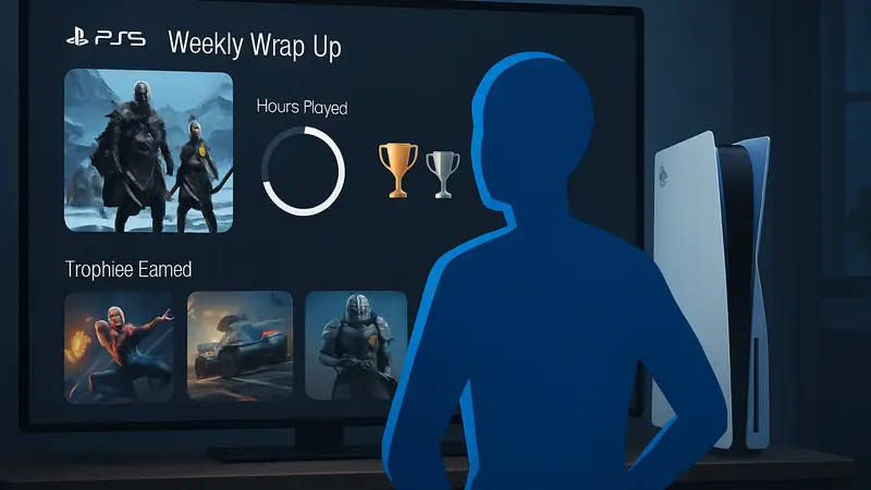Скриншот виджета Weekly Wrap-Up на PlayStation 5, показывающий статистику игр и трофеев