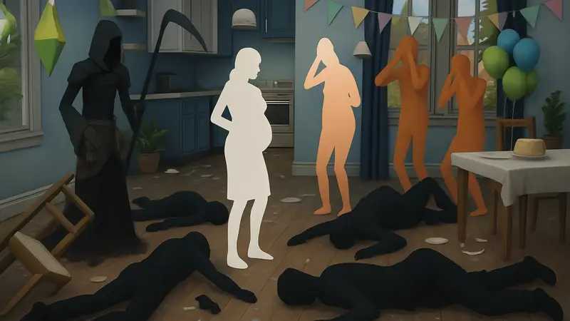 Скриншот из Sims 4, изображающий хаос и последствия трагического детского праздника.
