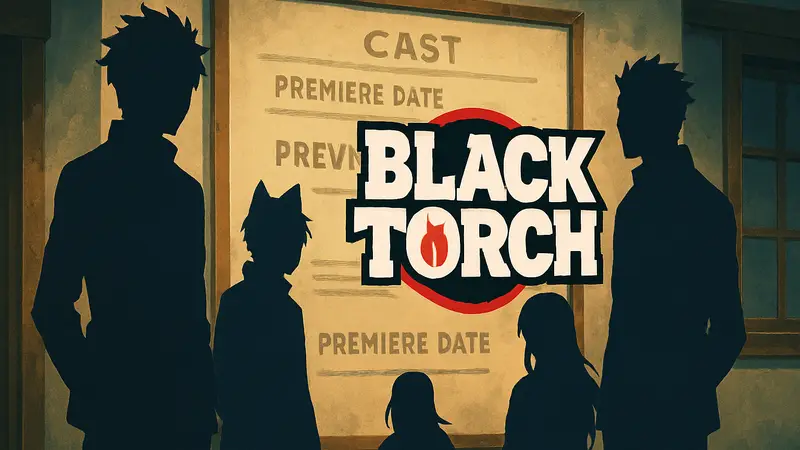 Логотип аниме Black Torch с изображением персонажей, на фоне объявления о касте и дате выхода