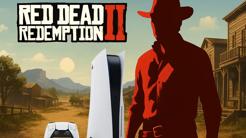Герой Red Dead Redemption 2 на фоне дикого запада, логотип игры и консоли PS5.