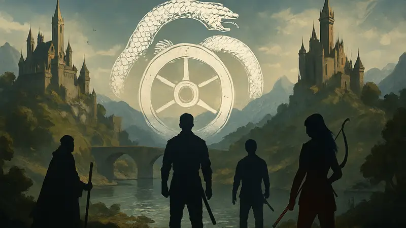 Логотип франшизы «Колесо времени» Роберта Джордана на фоне фэнтезийного мира. Экранизации и игры.