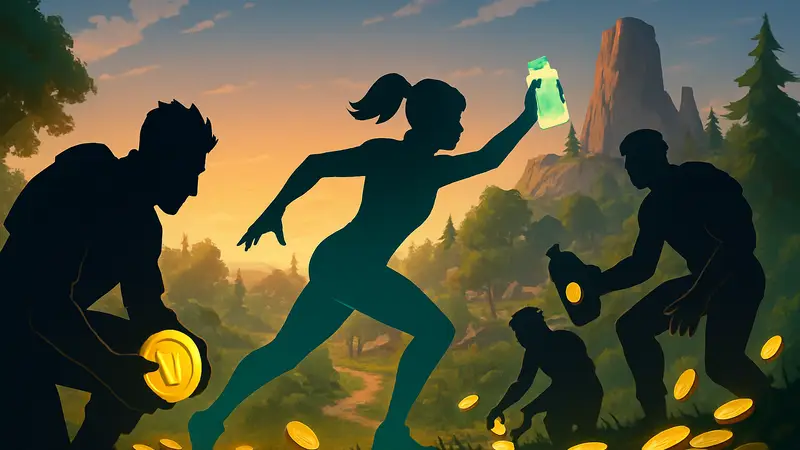 Персонажи Fortnite, собирающие золотые монеты и жевательные спреи во время Power Hour на карте игры.