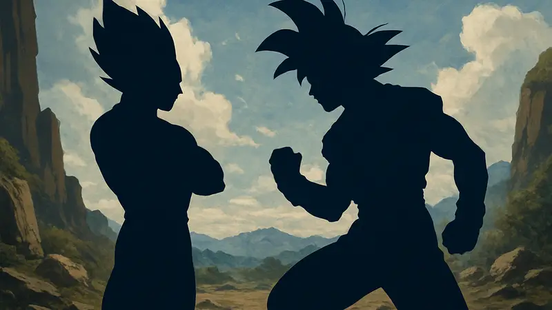 Веджета и Гоку из Dragon Ball Super в эпической позе, символизирующей их соперничество.