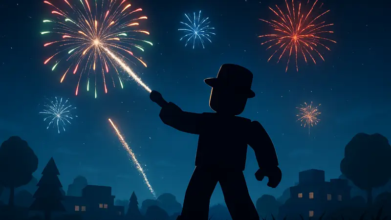 Персонаж из Fireworks Playground запускает яркие фейерверки в ночном небе, скриншот Roblox.