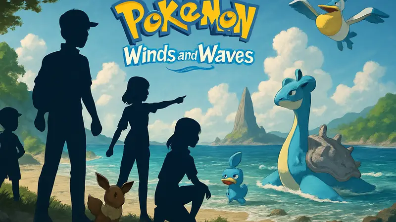 Обложка или ключевой арт игры Pokemon Winds and Waves с новыми персонажами и элементами сюжета.