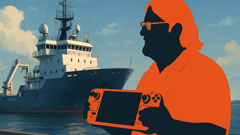 Гейб Ньюэлл, глава Valve, на фоне морского судна или с Steam Deck в руках, символизирующий его интересы в технологиях и океанографии.